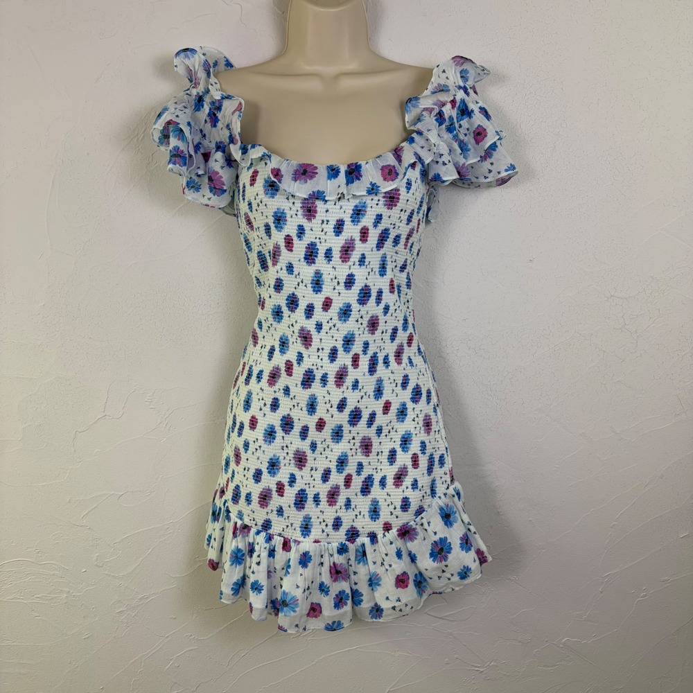 New LoveShackFancy Kodie Mini Dress M Blue Floral Ruffle Smocked Cottage Fairy